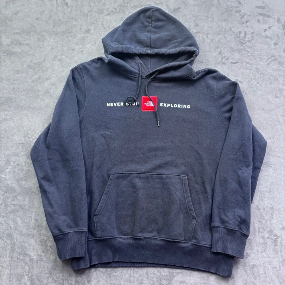 The North Face Mens Never Stop Exploring Red Box Logo Hoodie Navy Blue Large
